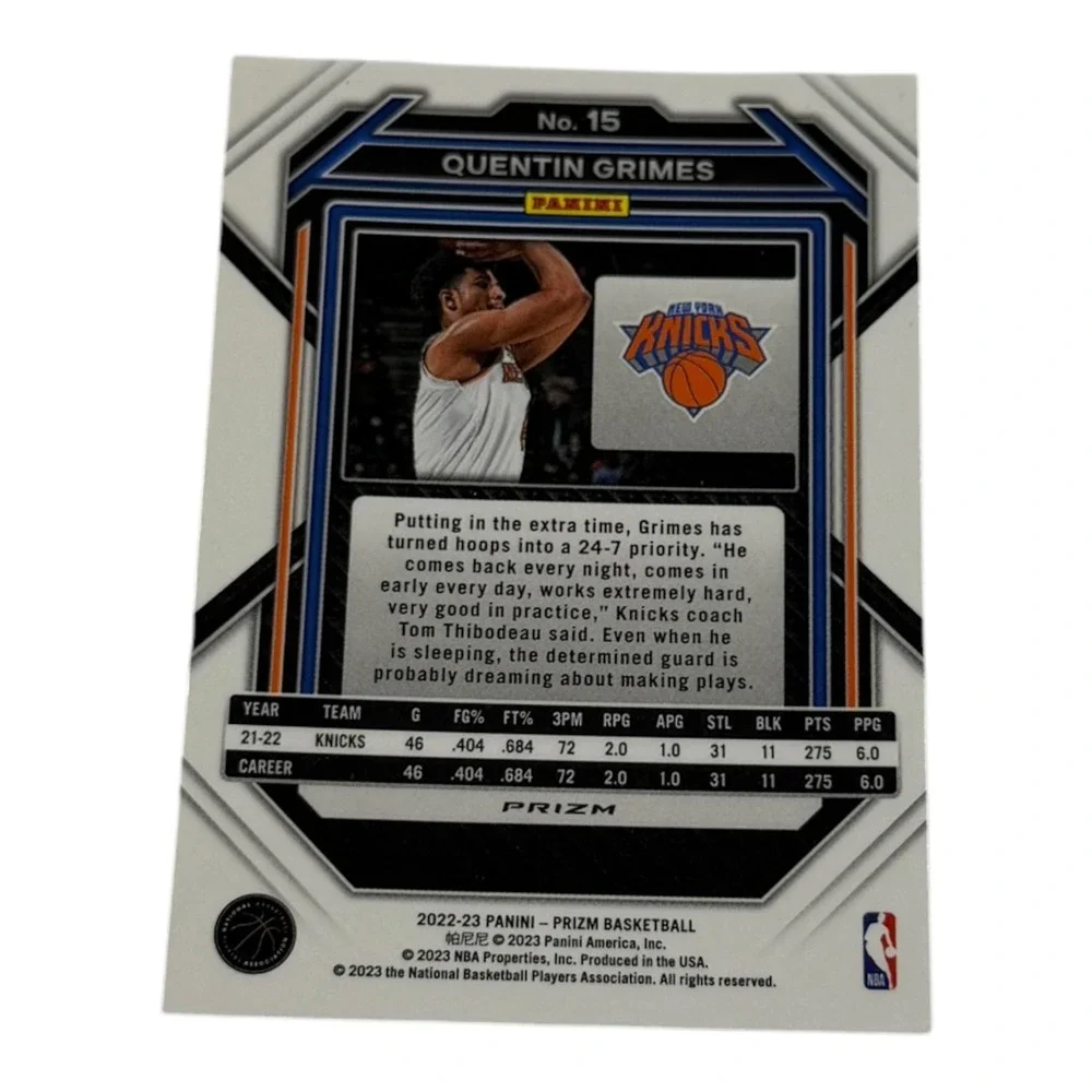2022-23 Panini Prizm Quentin Grimes Green Prizm New York Knicks No 15 Basketball - Picture 2 of 2